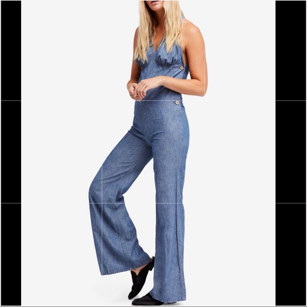 Free People Dance All Night Blue Flared Jumpsuit Size 4